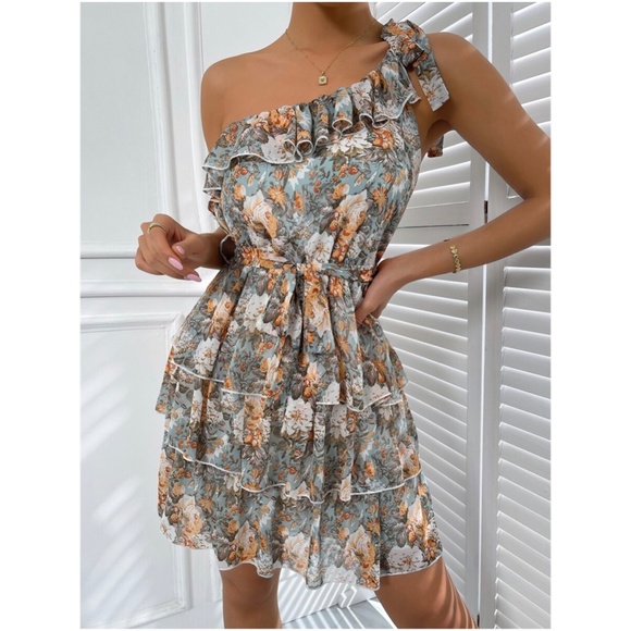 Boho Swiss dot One Shoulder Ruffle Mini Dress - Picture 13 of 13